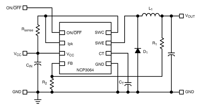 应用电路图 - onsemi NCP3064降压升压型反相开关稳压器